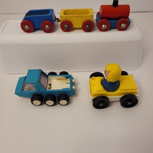 Vintage Toys Lot Of 6 Pieces Wood Train Fisher Price Little People Dune Buggy - Picture 2 of 9